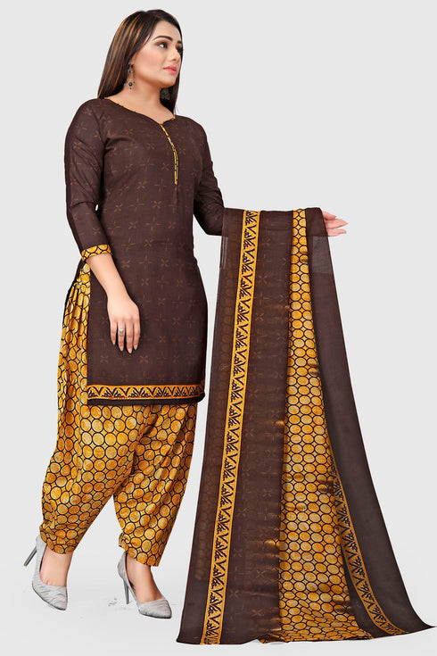 Brown Cotton Blend Printed Unstitched Salwar Suit Material
