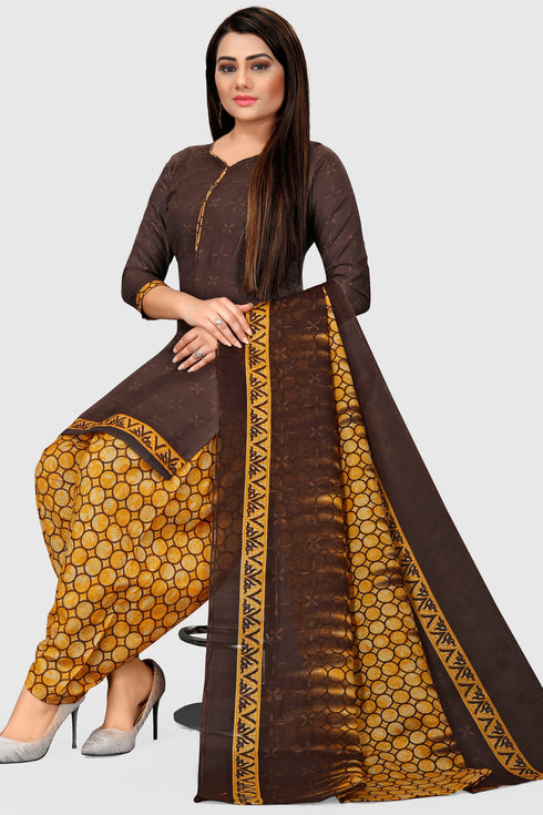 Brown Cotton Blend Printed Unstitched Salwar Suit Material