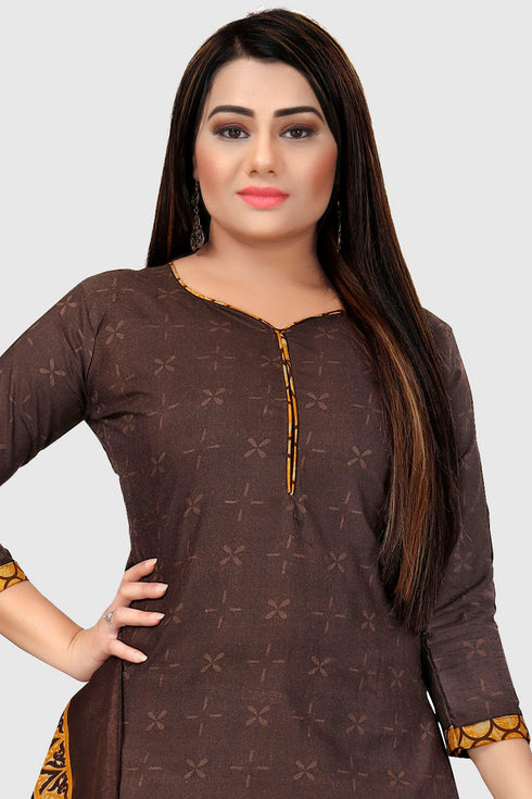 Brown Cotton Blend Printed Unstitched Salwar Suit Material