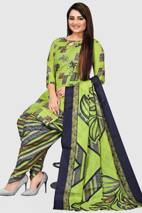 Green Cotton Blend Printed Unstitched Salwar Suit Material