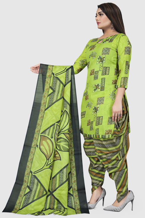Green Cotton Blend Printed Unstitched Salwar Suit Material