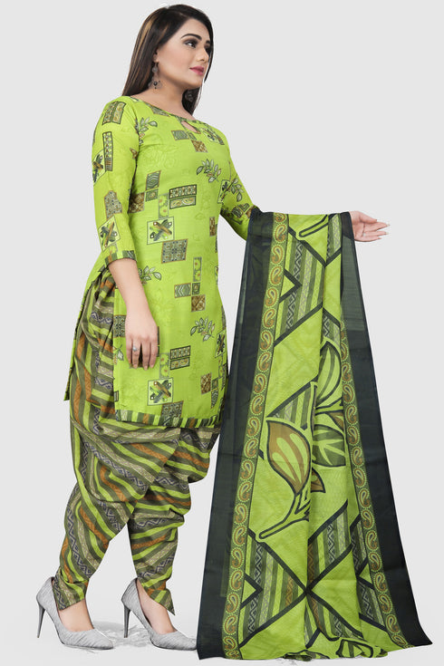 Green Cotton Blend Printed Unstitched Salwar Suit Material