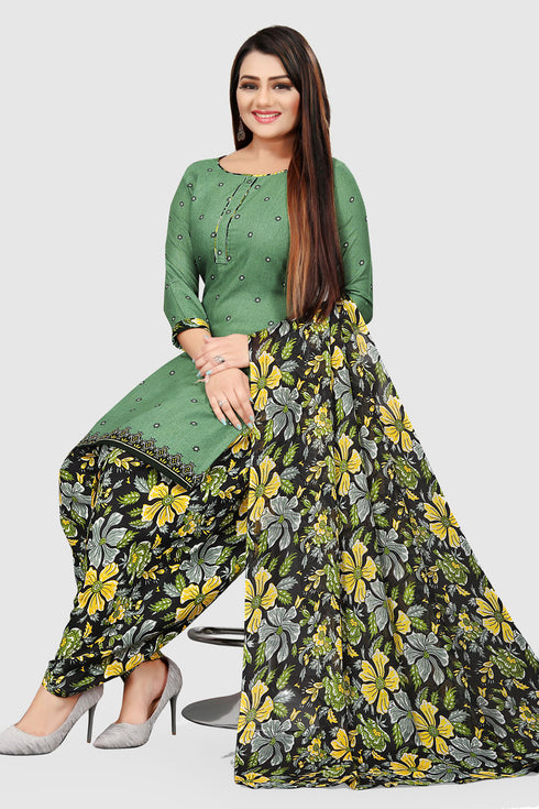 Green Cotton Blend Printed Unstitched Salwar Suit Material
