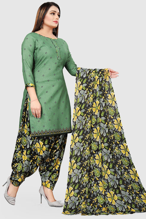 Green Cotton Blend Printed Unstitched Salwar Suit Material
