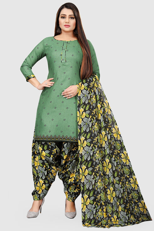 Green Cotton Blend Printed Unstitched Salwar Suit Material