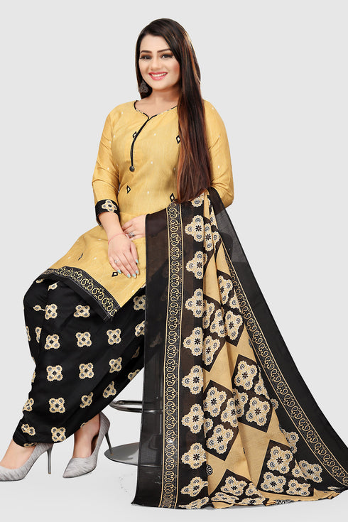Beige Cotton Blend Printed Unstitched Salwar Suit Material