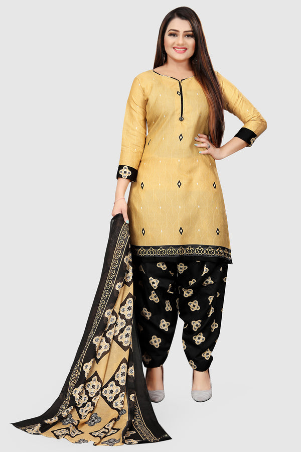 Beige Cotton Blend Printed Unstitched Salwar Suit Material