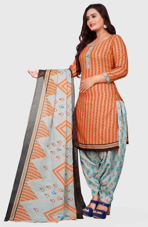 Orange Cotton Blend Printed Unstitched Salwar Suit Material