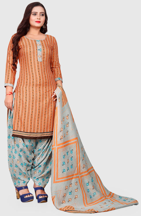 Orange Cotton Blend Printed Unstitched Salwar Suit Material