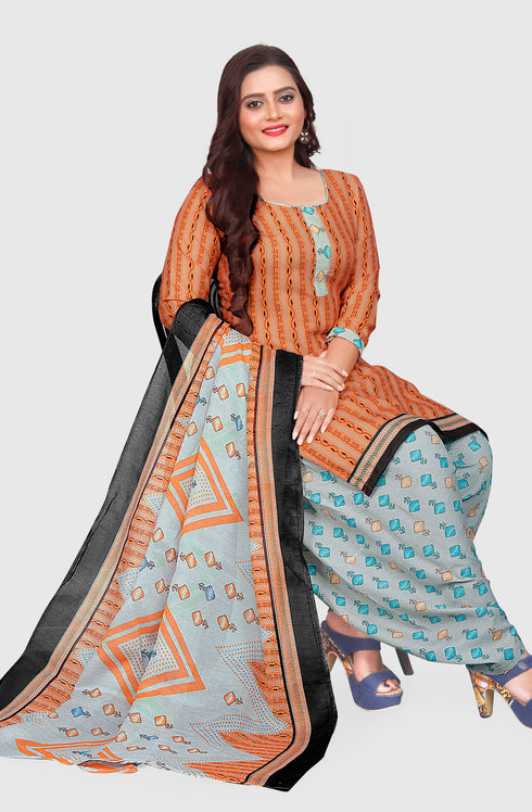 Orange Cotton Blend Printed Unstitched Salwar Suit Material