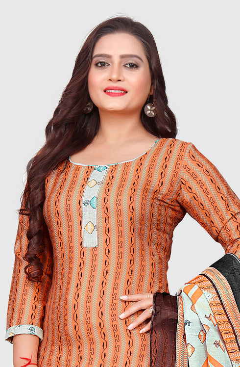 Orange Cotton Blend Printed Unstitched Salwar Suit Material