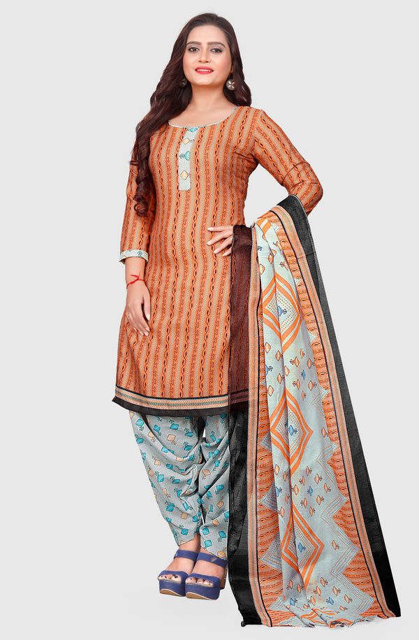Orange Cotton Blend Printed Unstitched Salwar Suit Material