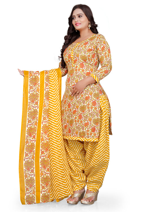 Yellow & Orange Cotton Blend Printed Unstitched Salwar Suit Material