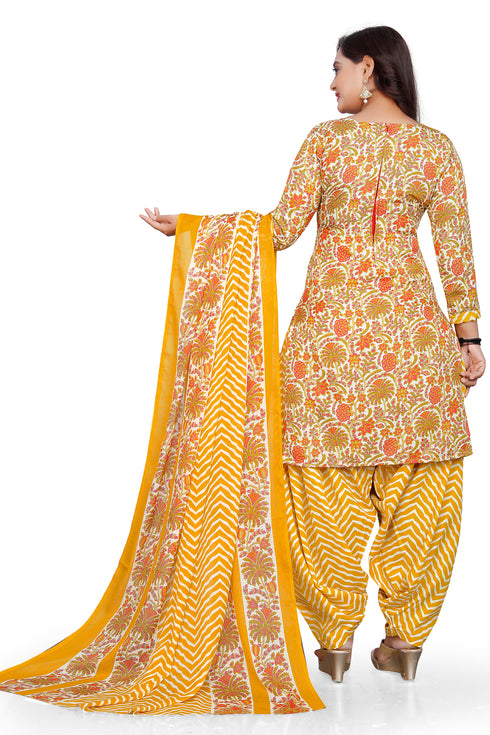 Yellow & Orange Cotton Blend Printed Unstitched Salwar Suit Material