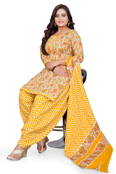 Yellow & Orange Cotton Blend Printed Unstitched Salwar Suit Material