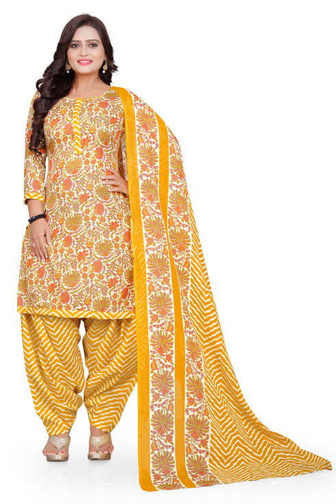 Yellow & Orange Cotton Blend Printed Unstitched Salwar Suit Material