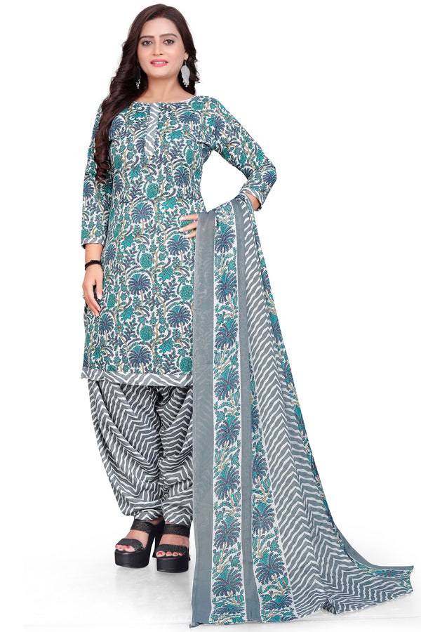Grey & Green Cotton Blend Printed Unstitched Salwar Suit Material