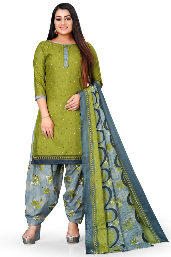Green Cotton Blend Printed Unstitched Salwar Suit Material
