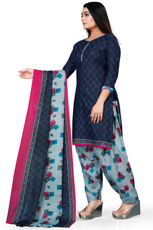 Navy Blue Cotton Blend Printed Unstitched Salwar Suit Material