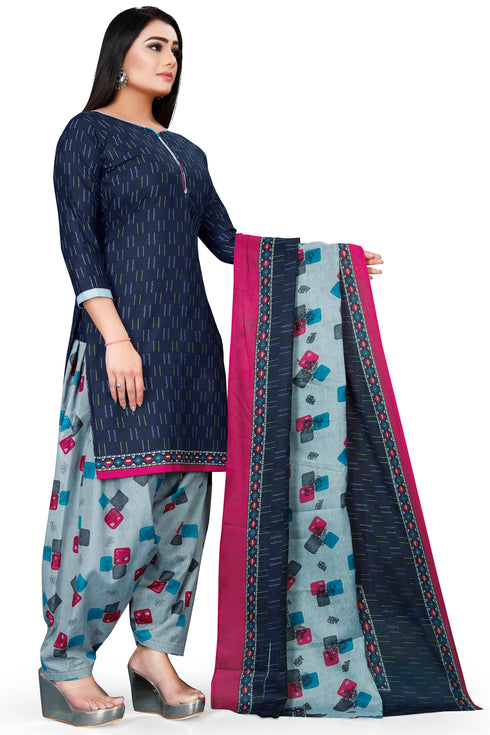 Navy Blue Cotton Blend Printed Unstitched Salwar Suit Material
