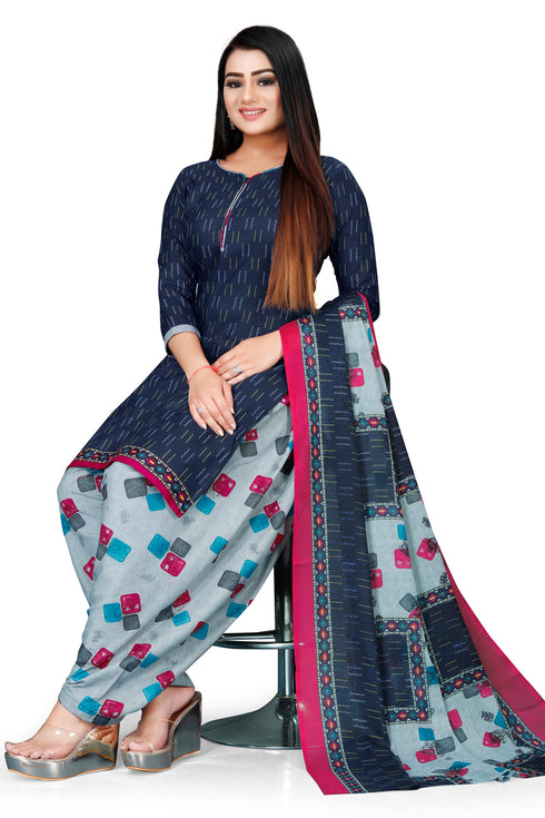 Navy Blue Cotton Blend Printed Unstitched Salwar Suit Material