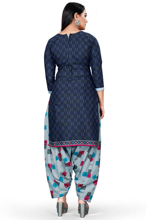 Navy Blue Cotton Blend Printed Unstitched Salwar Suit Material