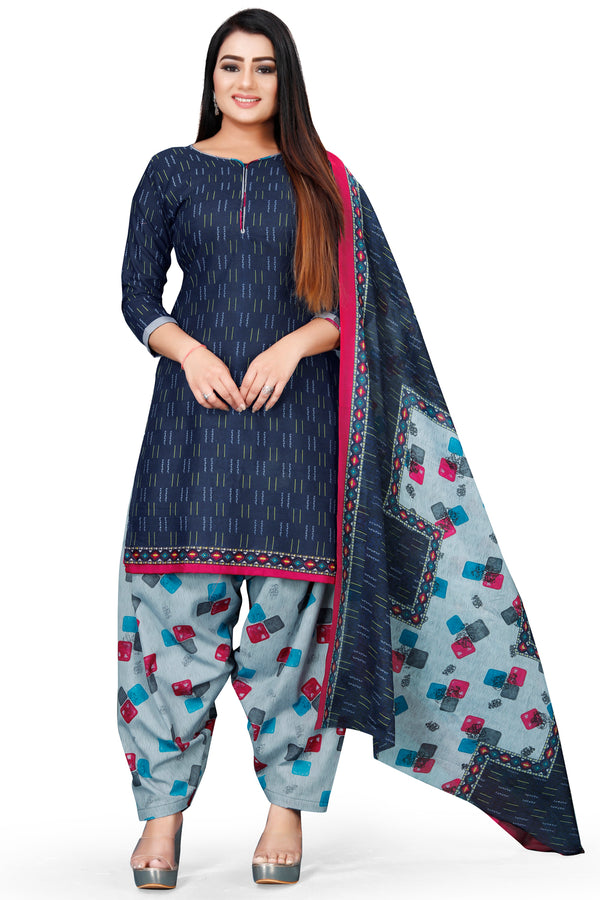 Navy Blue Cotton Blend Printed Unstitched Salwar Suit Material