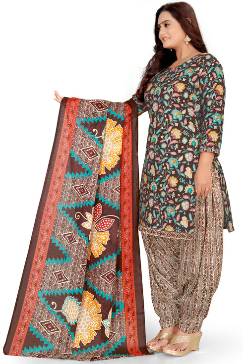 Brown Cotton Blend Printed Unstitched Salwar Suit Material