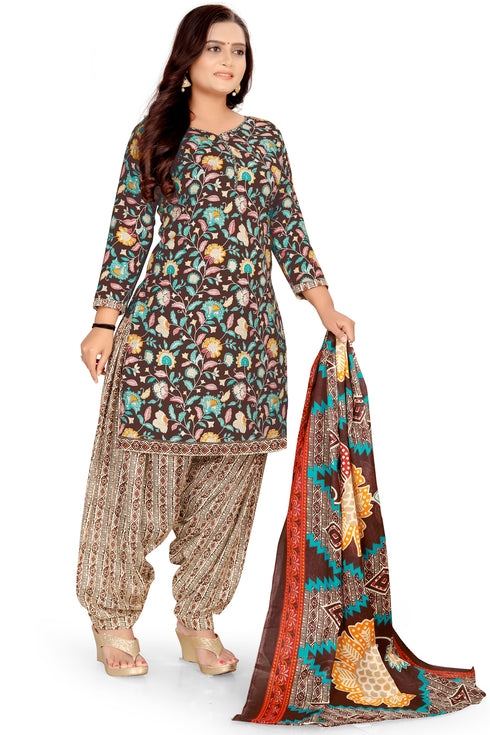 Brown Cotton Blend Printed Unstitched Salwar Suit Material