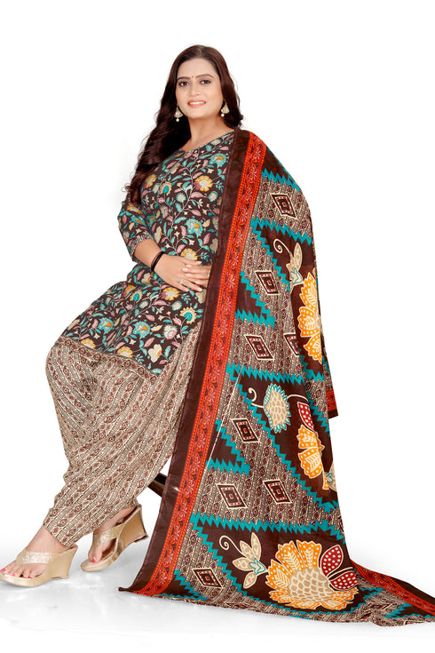 Brown Cotton Blend Printed Unstitched Salwar Suit Material