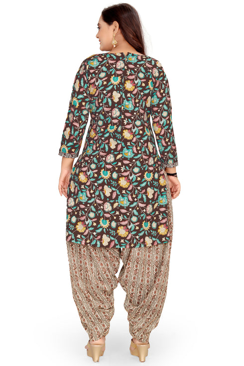 Brown Cotton Blend Printed Unstitched Salwar Suit Material