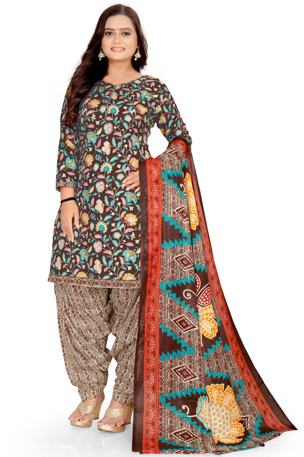 Brown Cotton Blend Printed Unstitched Salwar Suit Material
