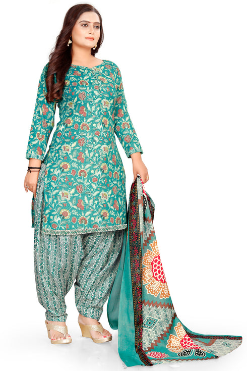 Sea Green Cotton Blend Printed Unstitched Salwar Suit Material