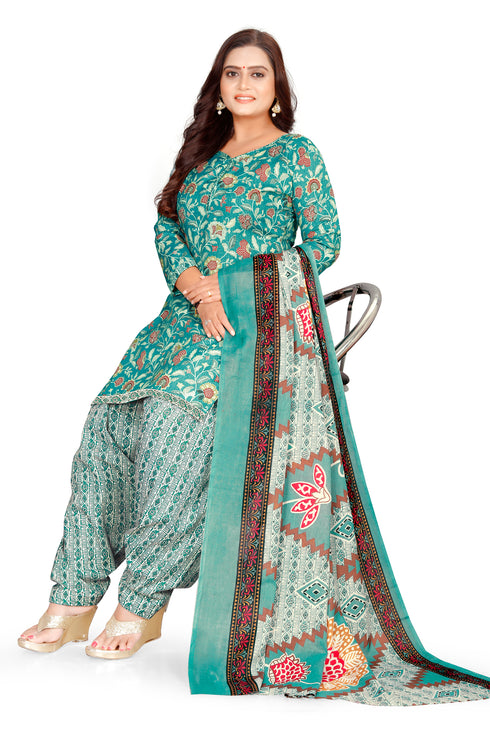 Sea Green Cotton Blend Printed Unstitched Salwar Suit Material