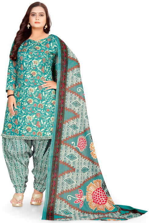 Sea Green Cotton Blend Printed Unstitched Salwar Suit Material