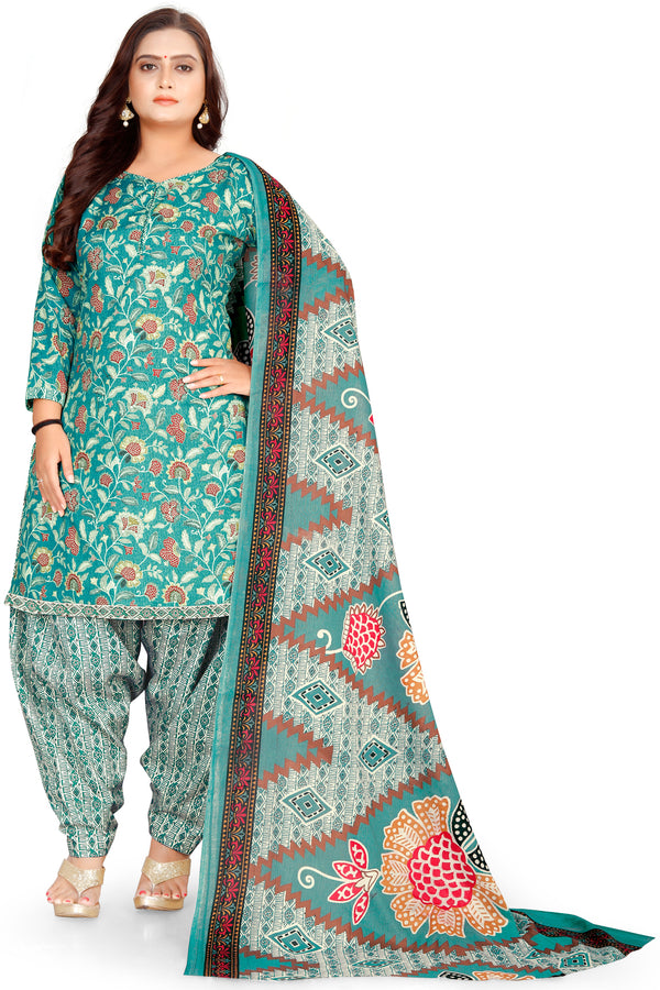 Sea Green Cotton Blend Printed Unstitched Salwar Suit Material
