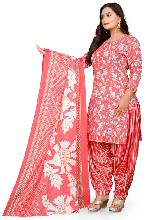 Peach & White Cotton Blend Printed Unstitched Salwar Suit Material