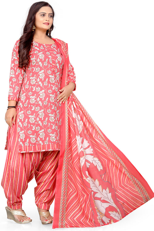 Peach & White Cotton Blend Printed Unstitched Salwar Suit Material