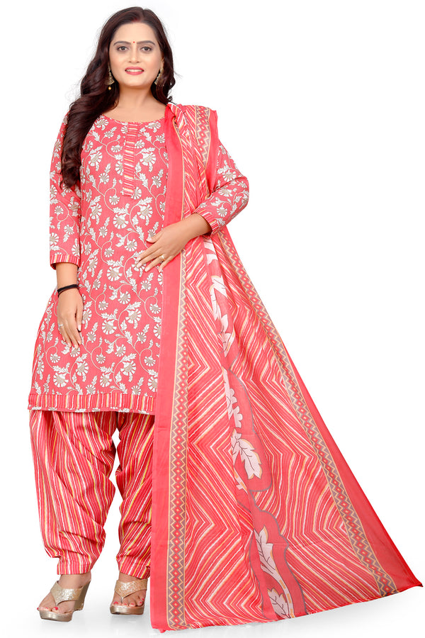 Peach & White Cotton Blend Printed Unstitched Salwar Suit Material