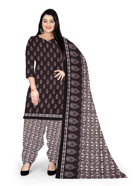 Brown & Beige Cotton Blend Printed Unstitched Salwar Suit Material