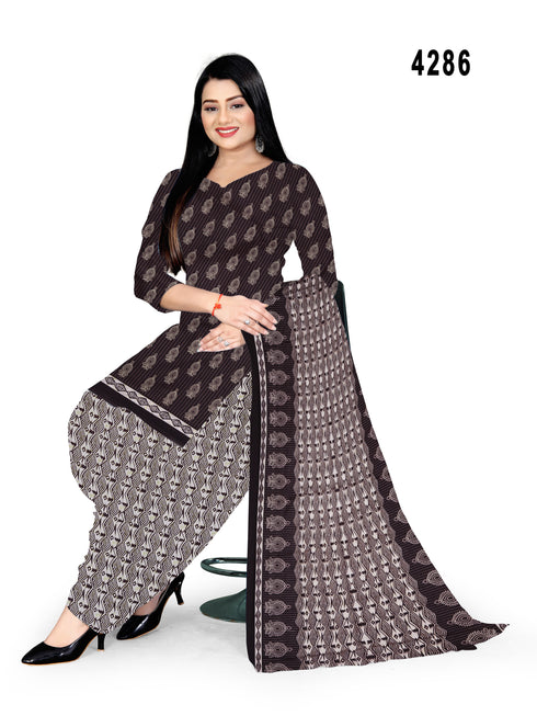 Brown & Beige Cotton Blend Printed Unstitched Salwar Suit Material