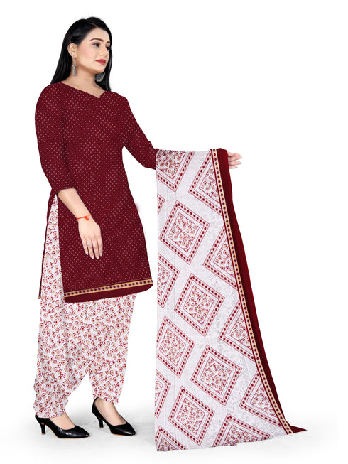 Maroon & Beige Cotton Blend Printed Unstitched Salwar Suit Material