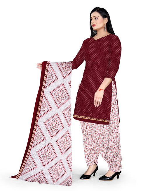 Maroon & Beige Cotton Blend Printed Unstitched Salwar Suit Material