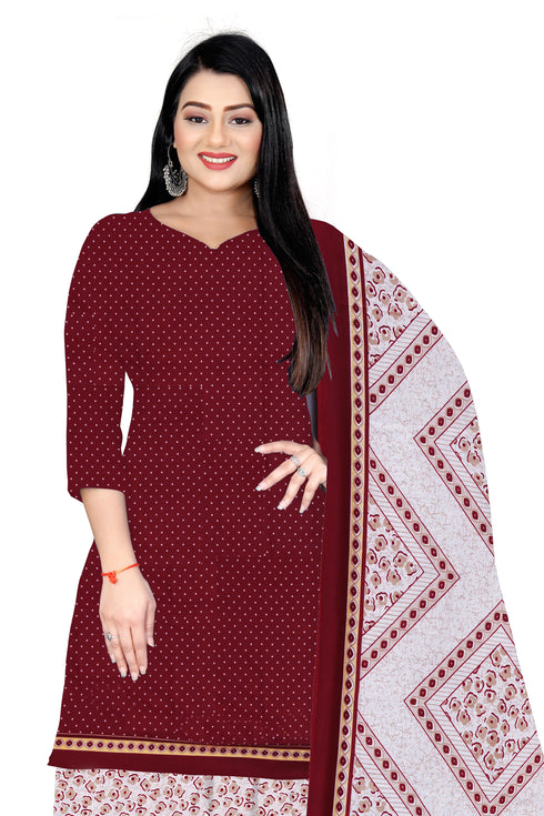 Maroon & Beige Cotton Blend Printed Unstitched Salwar Suit Material