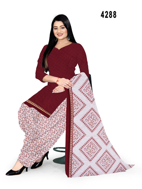Maroon & Beige Cotton Blend Printed Unstitched Salwar Suit Material