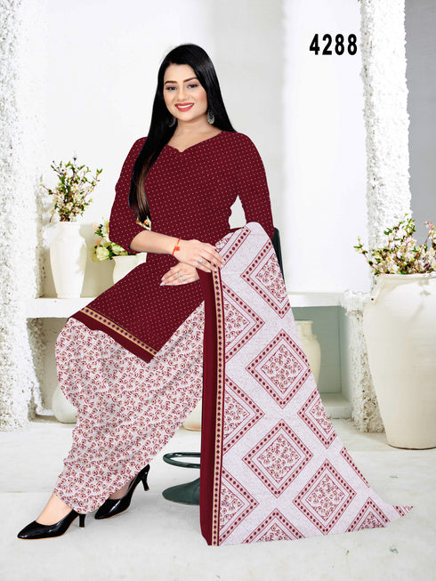 Maroon & Beige Cotton Blend Printed Unstitched Salwar Suit Material