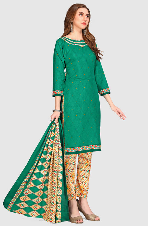 Green Cotton Blend Printed Unstitched Salwar Suit Material