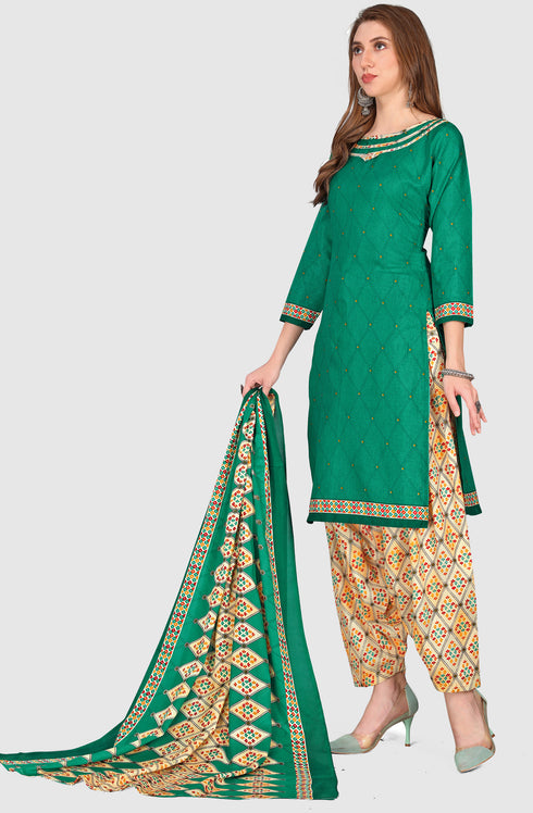 Green Cotton Blend Printed Unstitched Salwar Suit Material