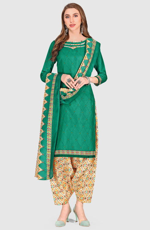 Green Cotton Blend Printed Unstitched Salwar Suit Material