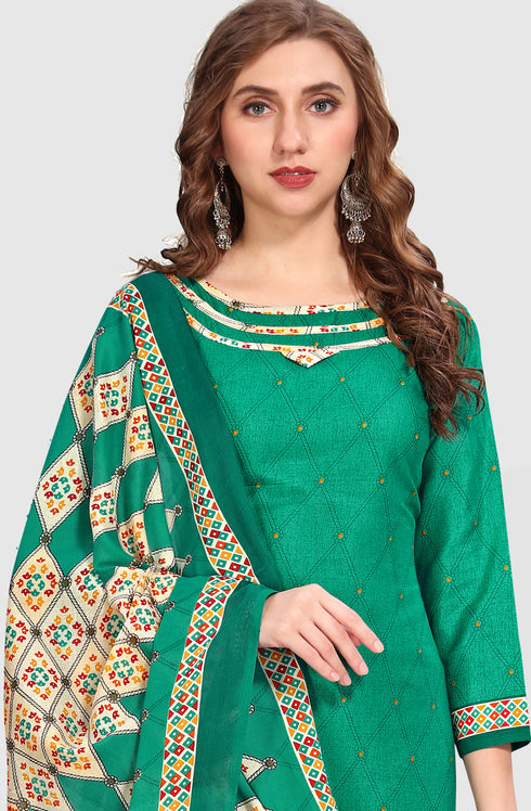 Green Cotton Blend Printed Unstitched Salwar Suit Material